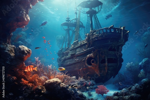 Beautiful underwater world with a pirate ship. Underwater world, Beautiful underwater world with an old shipwreck, coral, and fish, AI Generated