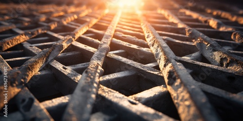 A close-up view of a metal grate with the sun shining in the background. This image can be used to depict industrial settings or as a metaphor for barriers and obstacles in life