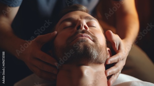 A man is receiving a relaxing neck massage in a professional salon. This image can be used to illustrate the benefits of spa treatments or the importance of self-care