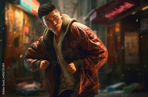 Asian man fighting outdoor. Street brawler guy in fight position. Generate ai