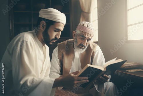 Teaching holy Islamic book. Religious Muslim education praying ritual. Generate ai