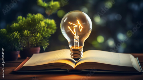 Light bulb glowing on book, idea of ​​inspiration from reading, innovation idea concept, Self learning or education knowledge and business studying concept.