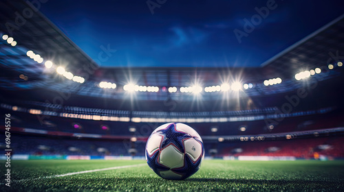 Close up of a soccer ball in the center of the stadium