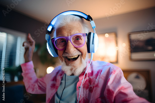 an adorable grandfather, listening to music with modern blue headphones