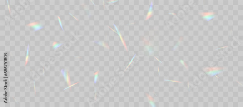 Blurred rainbow refraction overlay effect. Light lens prism effect on transparent background. Holographic reflection, crystal flare leak shadow overlay. Vector abstract illustration.