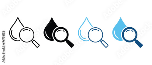 Water Research Silhouette and Line Icon Set. Magnifying Glass with Drop Water Black and Color Pictogram. Laboratory Test. Liquid Quality Analysis Sign Collection. Isolated Vector Illustration.