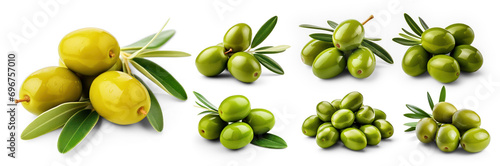 Collection of delicious green olives with leaves, isolated on transparency background, PNG 