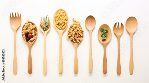 Top view photo of raw pasta fusilli and spices in a wooden spoons on white background. Concept of Italian cuisine, cooking.
