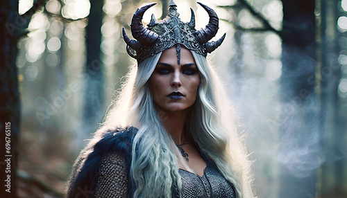 Portrait of a blonde Viking sorceress woman, in a foggy forest, wearing a silver helmet adorned with horns 