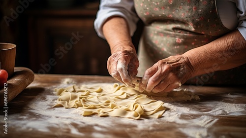 Old italian woman making pasta on wooden table in the kitchen. Close up of grandma making pasta the traditional way. Italian cuisine. Homemade food.Traditions.
