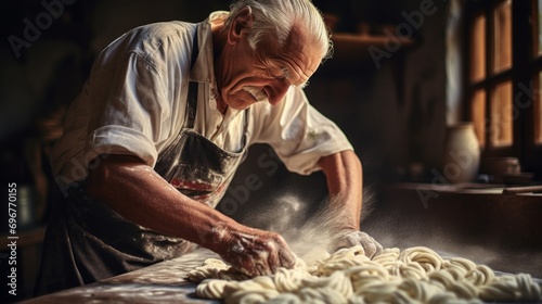 Senior italian whiskered man making homemade pasta on old wooden table in sunny morning in country house.