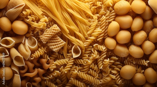 Pasta. Various type of uncooked pasta and noodles, top view, texture. Collection of different raw pasta. Italian food culinary concept. Wallpaper, texture.