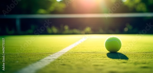 Tennis ball on tennis grass court with soft focus. Tennis tournament concept horizontal wallpaper background, copy space for text 
