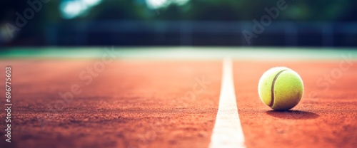 Tennis ball on tennis clay court with soft focus at sunset Tennis tournament concept horizontal wallpaper background, copy space for text 