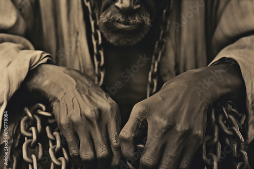 Close up of an African American slaves hands with chains