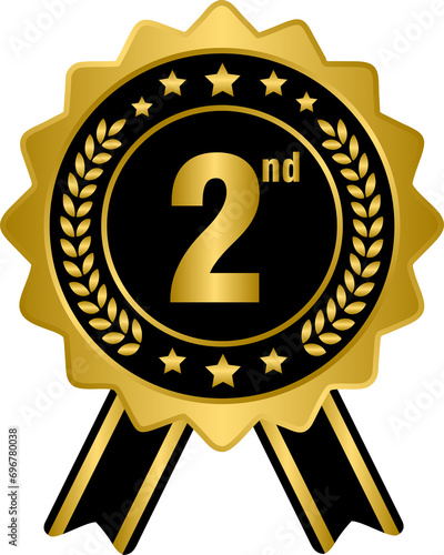 Golden 2nd prize ribbon medal, gold award winner badge 