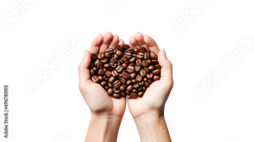 Fresh roasted coffee beans holding in hands isolated on white background