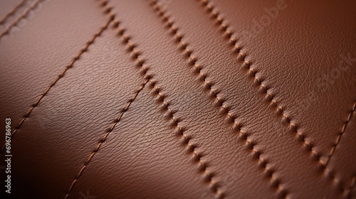 Seams on artificial leather. The thread and arrow stitch seams line the narrow chevron to decorate the bright brown furniture for an interesting and beautiful look. Close focus : Generative AI