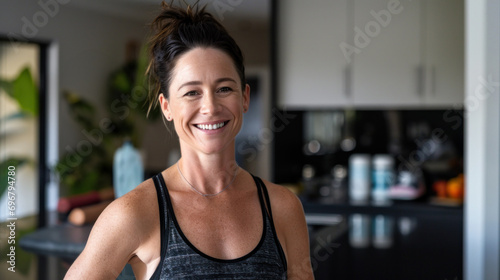 Smiling Fit Woman Ready for New Years Fitness Goals. Cheerful and fit woman in workout attire stands in kitchen, motivated to start her New Years resolutions for health and fitness.