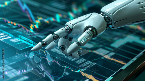 robots come to replace humans by using big data and machine learning including finance, investment, industry and medical, stock market exchange background