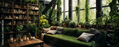 intérieur contemporain, salon rempli de plantes vertes, salon avec télévision et canapés. Grande baie vitrée