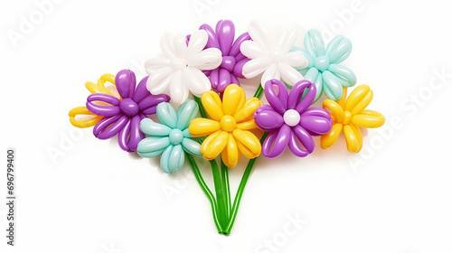 Multi-colored bouquet of flowers made from balloons isolated on white background. Celebration with airy flowers