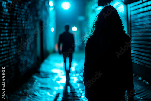 A woman being followed by a man in a dark alley at night. Concept of crime and assault against women. 