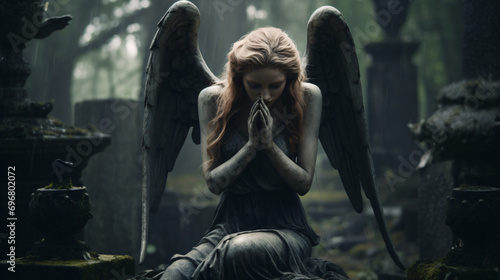 Praying angel in a cemetery with tombstones