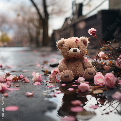 Osito peluche abandonado con ramo rosas roto, calle solitaria, día lluvioso, causa social, soledad, tristeza, desilusión dejar atrás, intranquilidad, rechazo sentimental, problema acoso, ayuda social