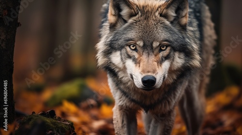 A Gray Wolfs Piercing Gaze In Its Woodland Domain Lone Wolf In A Gray Coat Of Fur