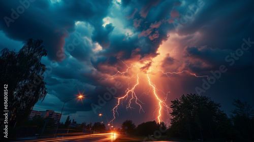 Strike of lightning on dark, futuristic light background.