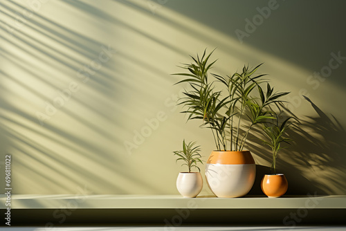 Interior limpio y sencillo de una pared con plantas en el frente. Sombras y luces .