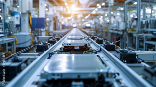 Mass production assembly line of electric vehicle battery cells close-up view