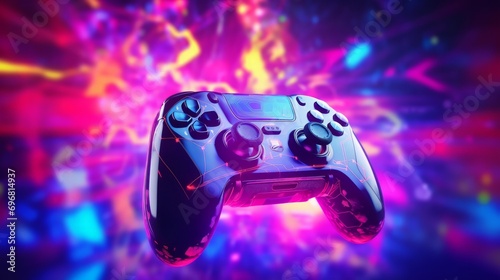 Video game controller in front of a colorful background with lights and flares