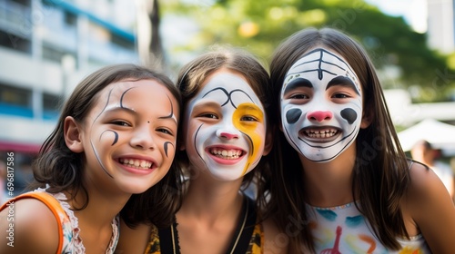 Street portrait of three sisters or friends with face make-up for carnival festive event, Shrove Tuesday festival or school fair occasion, a time to party and have fun, dressed-up and wearing costumes