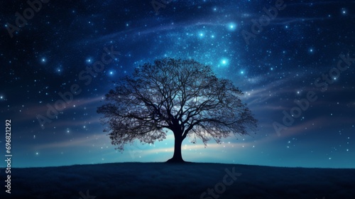lone tree under a starry night sky represents solitude, mystery, and the beauty of nature contrasting the cosmos