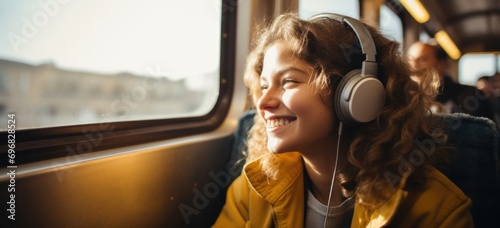 Young woman enjoying music on headphones during train journey. Travel and leisure.