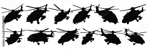 Helicopter war army silhouettes set, large pack of vector silhouette design, isolated white background