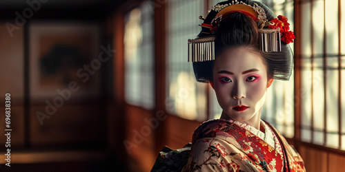 Japanese geisha in full kimono, delicate makeup, ornate hairstyle with kanzashi accessories