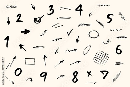 Charcoal hand drawn pencil arrows, scribbles and circle boxes. Emphasis arrows, doodle squiggles rough scratches numbers alphabets. Vector illustration of lines, waves, squiggles marker sketch style