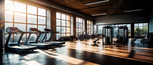 Still life photo of interior modern fitness center gym with a workout room. Empty space for text.
