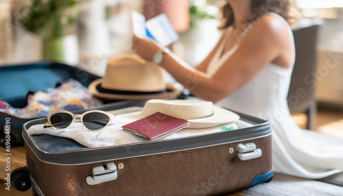Kobieta przygotowująca się do podróży trzyma w ręku dokumenty. Obok spakowane walizki, paszport, kapelusz, okulary przeciwsłoneczne