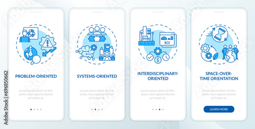 2D icons representing environmental psychology orientations mobile app screen set. Walkthrough 4 steps blue graphic instructions with linear icons concept, UI, UX, GUI template.