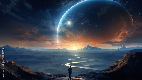 Far from earth, with man looking at planet earth from far away