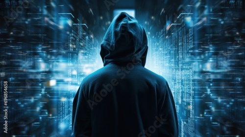 silhouette of a hacker in a hoodie looking towards data