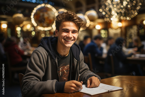 student studying with a globe in the background, highlighting the fusion of global perspectives into their academic pursuits in a commercial photo