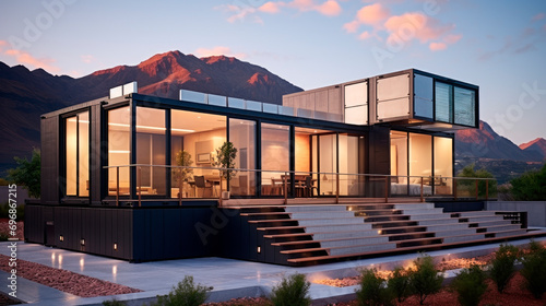 Exterior front view of modern cubic design house made from shipping containers.