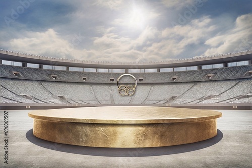 A round golden podium in the center of a large football stadium under a blue sunny sky. Awards podium at the stadium.