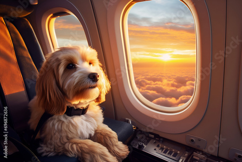 cute fluffy red ginger dog sitting on airplane seat by window traveling and flying with pets concept