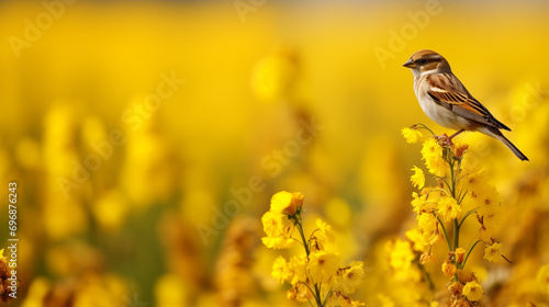 Pássaro Pardal pousado em um campo de flores amarelas - Papel de parede